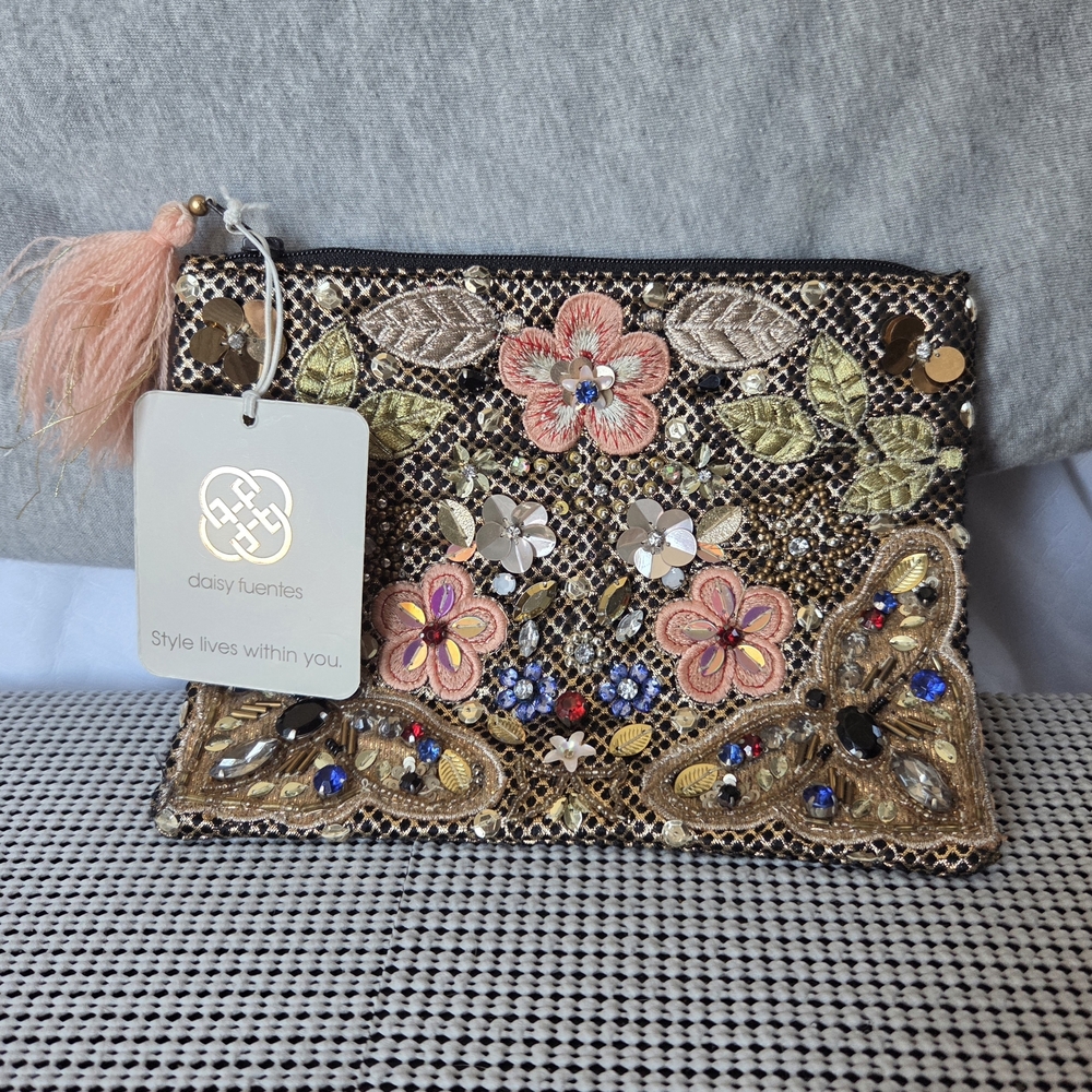 Daisy Fuentes Embroidered Floral Cosmetic Bag - Gold and Pink